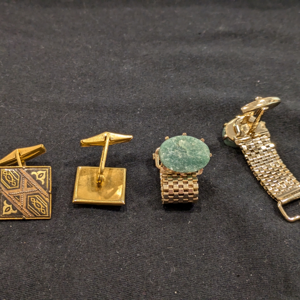 Vintage Set Of 2 Pairs Gold and Green Geometric Cuff Links Men's Accessories